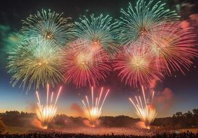 Colorful fireworks lighting up the sky with large bursts, silhouetting a cheering crowd below photo