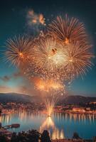 Fireworks bursting in the sky above a festive celebration, with shimmering sparks falling gracefully photo
