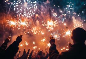 Fireworks illuminating a festive scene, with people holding sparklers in the foreground, celebrating the New Year photo