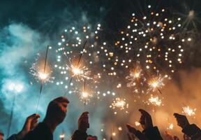 Fireworks illuminating a festive scene, with people holding sparklers in the foreground, celebrating the New Year photo