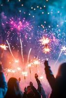 Fireworks illuminating a festive scene, with people holding sparklers in the foreground, celebrating the New Year photo