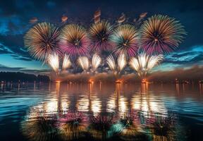 Fireworks reflecting on the water as they explode in the sky, creating a mirror effect with vibrant colors photo