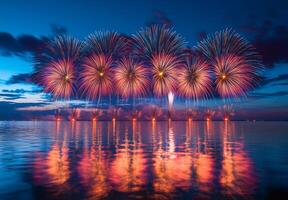 Fireworks reflecting on the water as they explode in the sky, creating a mirror effect with vibrant colors photo