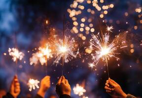 Fireworks illuminating a festive scene, with people holding sparklers in the foreground, celebrating the New Year photo