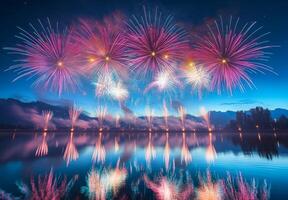Fireworks reflecting on the water as they explode in the sky, creating a mirror effect with vibrant colors photo