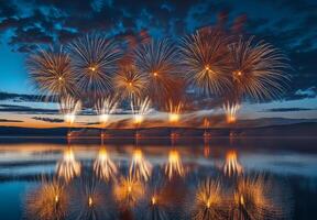 Fireworks reflecting on the water as they explode in the sky, creating a mirror effect with vibrant colors photo