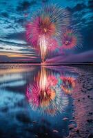 Fireworks reflecting on the water as they explode in the sky, creating a mirror effect with vibrant colors photo