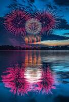 Fireworks reflecting on the water as they explode in the sky, creating a mirror effect with vibrant colors photo
