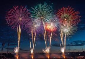 Multiple fireworks of different colors going off simultaneously, lighting up the night with vivid patterns photo