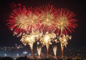 Golden and red fireworks spreading across the sky, with city lights twinkling in the background photo