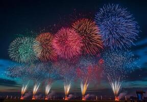 Multiple fireworks of different colors going off simultaneously, lighting up the night with vivid patterns photo