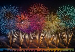 Multiple fireworks of different colors going off simultaneously, lighting up the night with vivid patterns photo