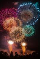 Multiple fireworks of different colors going off simultaneously, lighting up the night with vivid patterns photo
