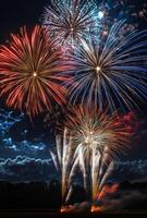 Multiple fireworks of different colors going off simultaneously, lighting up the night with vivid patterns photo