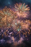 A panoramic view of fireworks with sparkling colors, creating a festive atmosphere against a starry night photo