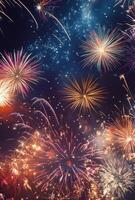 A panoramic view of fireworks with sparkling colors, creating a festive atmosphere against a starry night photo
