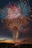 A panoramic view of fireworks with sparkling colors, creating a festive atmosphere against a starry night photo