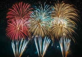 A panoramic view of fireworks with sparkling colors, creating a festive atmosphere against a starry night photo