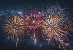 A panoramic view of fireworks with sparkling colors, creating a festive atmosphere against a starry night photo
