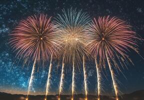 A panoramic view of fireworks with sparkling colors, creating a festive atmosphere against a starry night photo