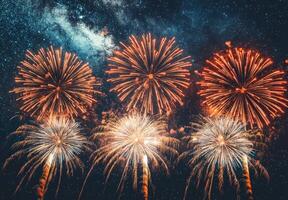 A panoramic view of fireworks with sparkling colors, creating a festive atmosphere against a starry night photo