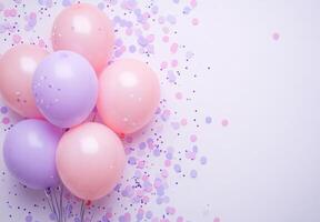 Soft pink and lavender balloons on the left side, paired with delicate confetti, leaving free space on the right for design elements photo