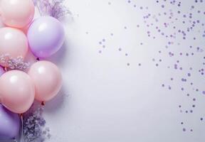 Soft pink and lavender balloons on the left side, paired with delicate confetti, leaving free space on the right for design elements photo