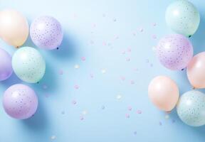 Soft pastel balloons on the left side, with delicate confetti sprinkled throughout, leaving a spacious area on the right for design photo