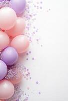 Soft pink and lavender balloons on the left side, paired with delicate confetti, leaving free space on the right for design elements photo