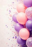 Soft pink and lavender balloons on the left side, paired with delicate confetti, leaving free space on the right for design elements photo