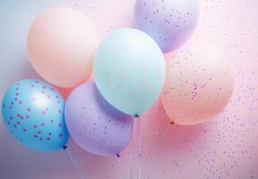 Soft pastel balloons on the left side, with delicate confetti sprinkled throughout, leaving a spacious area on the right for design photo
