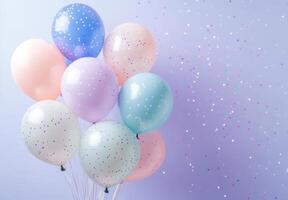 Soft pastel balloons on the left side, with delicate confetti sprinkled throughout, leaving a spacious area on the right for design photo