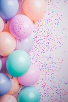 Soft pastel balloons on the left side, with delicate confetti sprinkled throughout, leaving a spacious area on the right for design photo