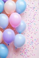 Soft pastel balloons on the left side, with delicate confetti sprinkled throughout, leaving a spacious area on the right for design photo