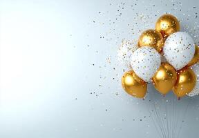 Elegant gold and white balloons on the right, surrounded by shimmering confetti, with a clean, free space on the left for text photo