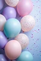 Soft pastel balloons on the left side, with delicate confetti sprinkled throughout, leaving a spacious area on the right for design photo