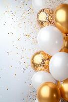 Elegant gold and white balloons on the right, surrounded by shimmering confetti, with a clean, free space on the left for text photo