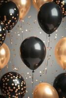 Elegant black and gold balloons with matching confetti, creating a sophisticated party vibe with open space in the center photo