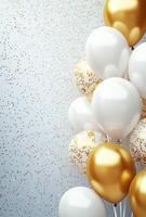 Elegant gold and white balloons on the right, surrounded by shimmering confetti, with a clean, free space on the left for text photo