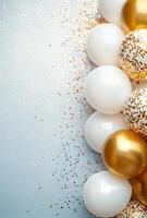 Elegant gold and white balloons on the right, surrounded by shimmering confetti, with a clean, free space on the left for text photo