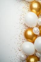 Elegant gold and white balloons on the right, surrounded by shimmering confetti, with a clean, free space on the left for text photo