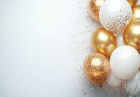 Elegant gold and white balloons on the right, surrounded by shimmering confetti, with a clean, free space on the left for text photo