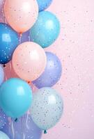 Soft pastel balloons on the left side, with delicate confetti sprinkled throughout, leaving a spacious area on the right for design photo