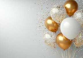 Elegant gold and white balloons on the right, surrounded by shimmering confetti, with a clean, free space on the left for text photo