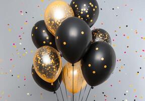 Elegant black and gold balloons with matching confetti, creating a sophisticated party vibe with open space in the center photo