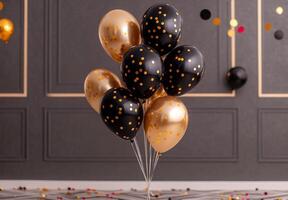 Elegant black and gold balloons with matching confetti, creating a sophisticated party vibe with open space in the center photo