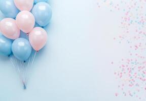 Soft baby blue and blush pink balloons on the left, with pastel confetti, leaving a clean and open space on the right for design or text photo