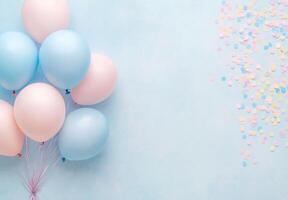 Soft baby blue and blush pink balloons on the left, with pastel confetti, leaving a clean and open space on the right for design or text photo