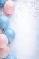 Soft baby blue and blush pink balloons on the left, with pastel confetti, leaving a clean and open space on the right for design or text photo