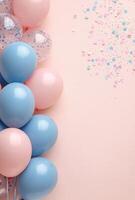 Soft baby blue and blush pink balloons on the left, with pastel confetti, leaving a clean and open space on the right for design or text photo